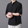 Camisa Fina de Verão de Algodão e Linho de Sete Pontos de Manga Curta Masculina Solta Casual de Cinco Pontos Meia Manga Gola Vertical Forro Top Moderno Roupas