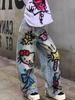 Calça Jeans Estampada Graffiti Gatinho Desenho Animado Americano para Mulheres Verão Retro Design Pesado Calça Espada Solta