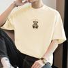 Camiseta de manga corta de algodón grueso de 260 g para hombre, cuello redondo, marca de moda estadounidense, camiseta holgada de media manga con estampado de oso.