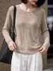 Blusa de tricô elegante estilo francês, sem costura, de manga longa para mulheres, gola redonda, minimalista, suave, modeladora, levemente transparente, blusa base fina