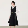 2616303-Nanyou Vestido de Moda sin Mangas con Solapa y Cintura Ceñida, Temperamento Elegante, Ropa de Mujer Otoño/Invierno Faldas