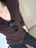 Tricô Marrom de Gola U Grande e Decote U Longo para Mulheres Outono e Inverno Top de Tricô Slim Curto para Usar por Baixo