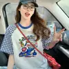 Camiseta Xadrez Color Block de Manga Raglan de Alta Qualidade para Mulheres, Estilo Preguiçoso Marca da Moda Estampa de Letras Casual Solta Emagrecedor Top