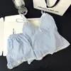Conjunto de Pijama de Camisola Rayada Azul Dulce Estilo Coreano para Mujer, Nuevo de Verano con Encaje, Camisola y Shorts de Dos Piezas para Casa