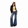 Calça jeans flare vintage, cintura baixa, desgastada, com caimento relaxado, calça azul vintage comprida, comprimento estendido, com acabamento em pele de coelho