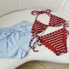 Bikini Transfronterizo Rayas Rojas y Blancas Correa Estilo Puro Deseo Bikini de Tres Puntos Blanco Vacaciones Playa Pistas Traje de Baño Mujeres