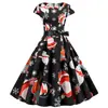 L9151 Transfronterizo Navidad Estilo Hepburn Vintage Vestido Grande Acampanado para Mujer con Cuello Redondo y Manga Bolsa Estampado con Cinta Negra
