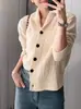 Cárdigan de Punto 100% Lana Pura con Cuello Verde para Mujer Otoño Invierno Tejido de Trenzas Estilo Perezoso Holgado Adelgazante Abrigo Suéter