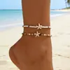 Tobillera de Perlas de Arroz Imitación Estilo Étnico Transfronterizo Europeo y Americano para Mujer, Conjunto de Tobilleras Versátil Personalizado con Colgante de Lentejuelas