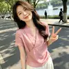 Camisa Minimalista de Manga Curta com Decote V Estilo Francês para Mulheres, Nova Moda Verão 2026 Blusa com Design Cruzado, Top Elegante