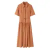 Ins Transfronterizo Europeo y Americano 2026 Nueva Moda Elegante Vestido Camisa Acampanado de Cintura Ceñida para Mujer Venta al por Mayor Manga Corta Vestido Largo