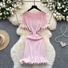 Vestido Largo de Punto de Manga Larga con Bloques de Color de Alta Gama Inspirado en Chanel para Mujer con Hebilla Metálica Ceñidor de Cintura Ajustado