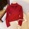 Francês Retro V-neck Gancho Malha Top Feminino Outono Novo Elegante Plissado Cintura Lace-up Base Exterior Usar Suéter