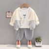 Casaco Suéter Casual de Botão Único para Meninos Suéter de Manga Longa com Gola Redonda Conjunto de Três Peças Estilo Esportivo Casual Infantil Terno Infantil
