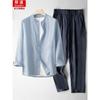 Traje de Algodón Lino de Verano para Hombre Conjunto Vintage Chino de Dos Piezas Joven y Mediana Edad Lino Fino Transpirable Casual Pantalón Largo