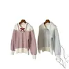 Estilo Coreano Dulce Lazo Otoño e Invierno Nuevo Estilo Universitario Cuello Solapa Tejido Suelto Superior Tejido de Rayas en Contraste para Mujer
