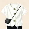Conjunto de Verano 2026 para Niños Medianos y Grandes, Estilo Casual Delgado, Conjunto de Dos Piezas con Top de Manga Corta con Botones de Flor, Moda para Niñas, Estilo Temperamental
