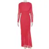 Elegante vestido de mujer ajustado estilo europeo y americano, color liso, vestido bodycon plisado de socialité, cuello redondo, manga larga, nuevo vestido de moda