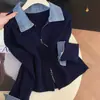 Cardigan suéter de retalhos jeans estilo coreano para mulheres, outono e inverno, solto, casual, versátil, jaqueta de tricô com zíper duplo