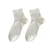 Meias brancas para meninas, meias curtas, verão, finas, de trama aberta, anti-odor, absorventes de suor, estilo miu, estilo ballet, calcanhar antiderrapante, na altura da panturrilha, meias de algodão