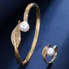 Pulsera y Anillo de Lujo con Forma de Hoja, Perlas de Imitación e Incrustaciones de Zirconia, Elegante y Exquisito, Joyería Versátil para Fiestas, Viajes Diarios y Regalos