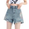 Shorts Jeans Rasgados Bordados Estilo Chinês para Mulheres 2024 Verão Novo Cintura Alta Emagrecimento Solto Pernas Largas