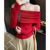 Top de punto rojo estilo francés ajustado de manga larga de un hombro para mujer, Año Nuevo Chino 2026 Otoño, Ropa interior sexy, Top sin hombros