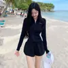 Traje de Surf para Mujer de Aliexpress Conjunto de Tres Piezas Estilo Coreano para Cubrir la Piel y Lucir Delgado Protección Solar Manga Larga Conservador Traje de Baño Dividido con Cremallera