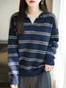 Suéter de Punto con Cuello de Piel Sintética de Mapache Otoño/Invierno 2025 Manga Larga para Mujer Bloque de Color Rayas Botones Jersey Camisa Base Top