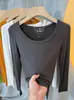 Camiseta de manga larga acanalada con cuello en U color rojo Ankela para mujer, top base elástico ajustado de color liso, versátil y de moda