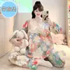 Pijama de Algodón Nube para Primavera, Otoño e Invierno con Almohadillas Fijas en el Pecho para Mujer, Ribete de Encaje, Talla Grande 110 kg Conjunto de Ropa para el Hogar