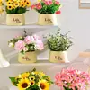 Decoración de Flores Artificiales Arreglo de Flores de Girasol Pequeño Macetero Plástico Ramo Decoración de Sala de Estar Mesa de Comedor Decoración de Planta Verde