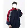 Sudadera cárdigan de cuello alto a rayas de color block estilo americano, unisex, corte holgado, casual, chaqueta deportiva versátil
