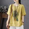 Sudeste Asiático Transfronteiriço Primavera e Verão plus size Solto Elegante Casual Retro Algodão e Linho Manga Curta Estampado Gola Redonda Camiseta Top