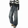 Jeans Masculino de Caimento Limpo com Estampa de Bigodes de Gato Outono Retrô Americano Calças Retas Largas Calças de Perna Larga Vintage Lavadas