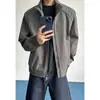 Chaqueta aviador deconstruida estilo americano en color gris con cuello alto para hombre, fresca y elegante para otoño, chaqueta de béisbol casual holgada