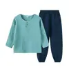 Conjunto de verão para bebês: algodão plissado, respirável, camiseta de manga comprida color-blocking e calça jogger conjunto de duas peças para meninos e meninas, fresco e à prova de mosquitos