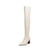 Primer encuentro: Botas de cuero color crema hasta la rodilla, otoño/invierno, de tacón alto, elásticas, de tacón grueso, botas para mujer talla grande