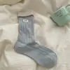 Calcetines de Algodón de Media Pantorrilla con Bloques de Color, Encaje, Parches de Letras, Estilo Europeo y Coreano, de Moda para Primavera-Verano, Calcetines Caídos Estilo Popular de Influencer