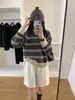 Suéter Listrado Gola Egg Retrô Meia-Zip Tricô Grosso para Mulheres Outono e Inverno Novo Estilo Design Preguiçoso Emagrecedor