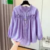 Camisa Feminina Plus Size 2026 Outono Novo Estilo Gola V Elegante Emagrecedora Manga Longa Top para Início do Outono