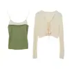 [Oufan] Conjunto de Dos Piezas Estilo Chica Caliente de Color Contrastante, Camisola + Cárdigan de Punto con Cordones y Cuello en V Corto 11354