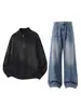 Conjunto Estilo Retrô Preguiçoso Han Lu Tricô com Zíper Gola Meia-Alta Japonês Combinado com Jeans de Silhueta Vintage Desgastada