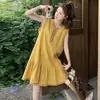 Grulla Blanca Talla Extra Grande 300 Jin Amarillo Dopamina Sin Mangas Algodón Lino Vestido Mujer Verano Holgado Vacaciones Cola de Pez