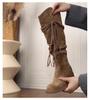 Botas de Caballero Estilo Retro Wasteland con Borlas Tacón Grueso Botas No Más Altas de la Rodilla Zapatos Adelgazantes Botas de Caña Media para Mujer