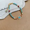 Pulseira de Contas de Ágata Turquesa, Cristal Azul, Pedra Verde Estilo Vintage Design Exclusivo Joias Atacado