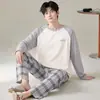 Novo Pijama Masculino Primavera e Outono Algodão Puro Manga Longa Estilo Coreano Esportivo Pode Ser Usado Fora Todo Algodão Tamanho Grande Conjunto de Roupa para Casa