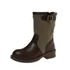 Botas de Caballero Patchwork 2026, Botas Vaqueras de Otoño para Mujer, Botas de Moda a Media Pantorrilla con Hebilla de Cinturón, Tacón Grueso