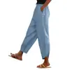 Calça Feminina de Estilo Novo Transfronteiriça Europeia e Americana Algodão e Linho Cor Sólida Confortável Casual Moda Bolsos Laterais Cintura Elástica Calça Casual Calça Feminina