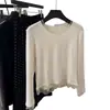 Suéter versátil de cuello redondo estilo coreano con inserciones de malla, manga larga para mujer, capa interior blanca, top ajustado para mujer